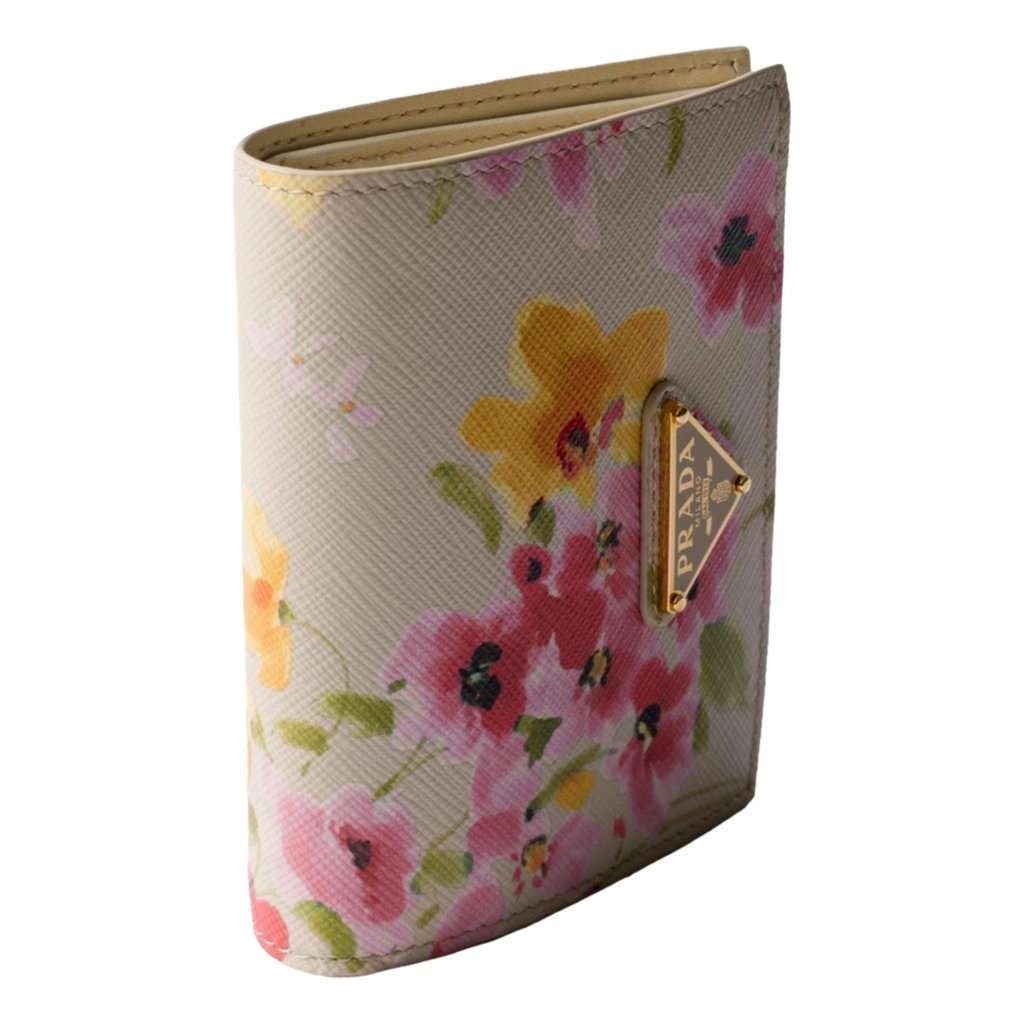 Prada Prada Saffiano Leather Floral Bifold Wallet In Neutral Brown Leather Never worn - Back View