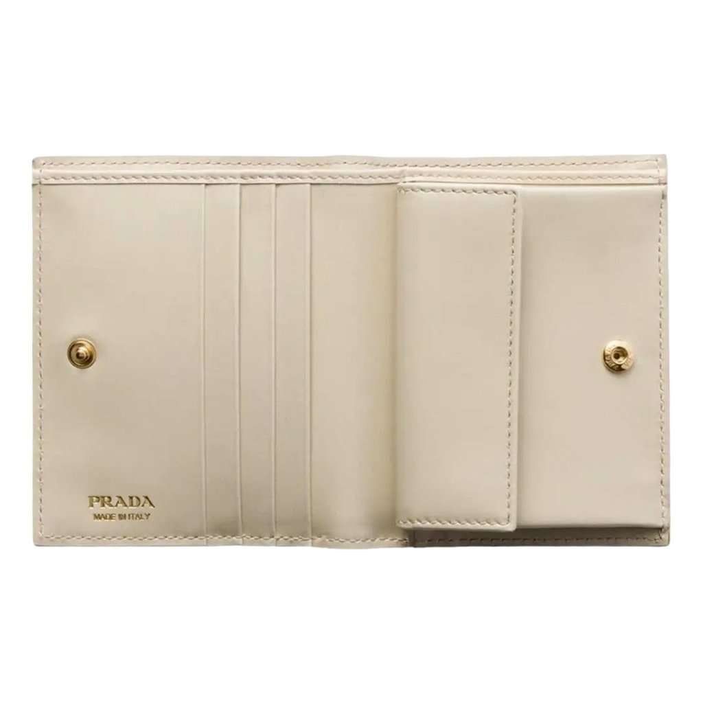 Prada Prada Saffiano Leather Floral Bifold Wallet In Neutral Brown Leather Never worn - Model View
