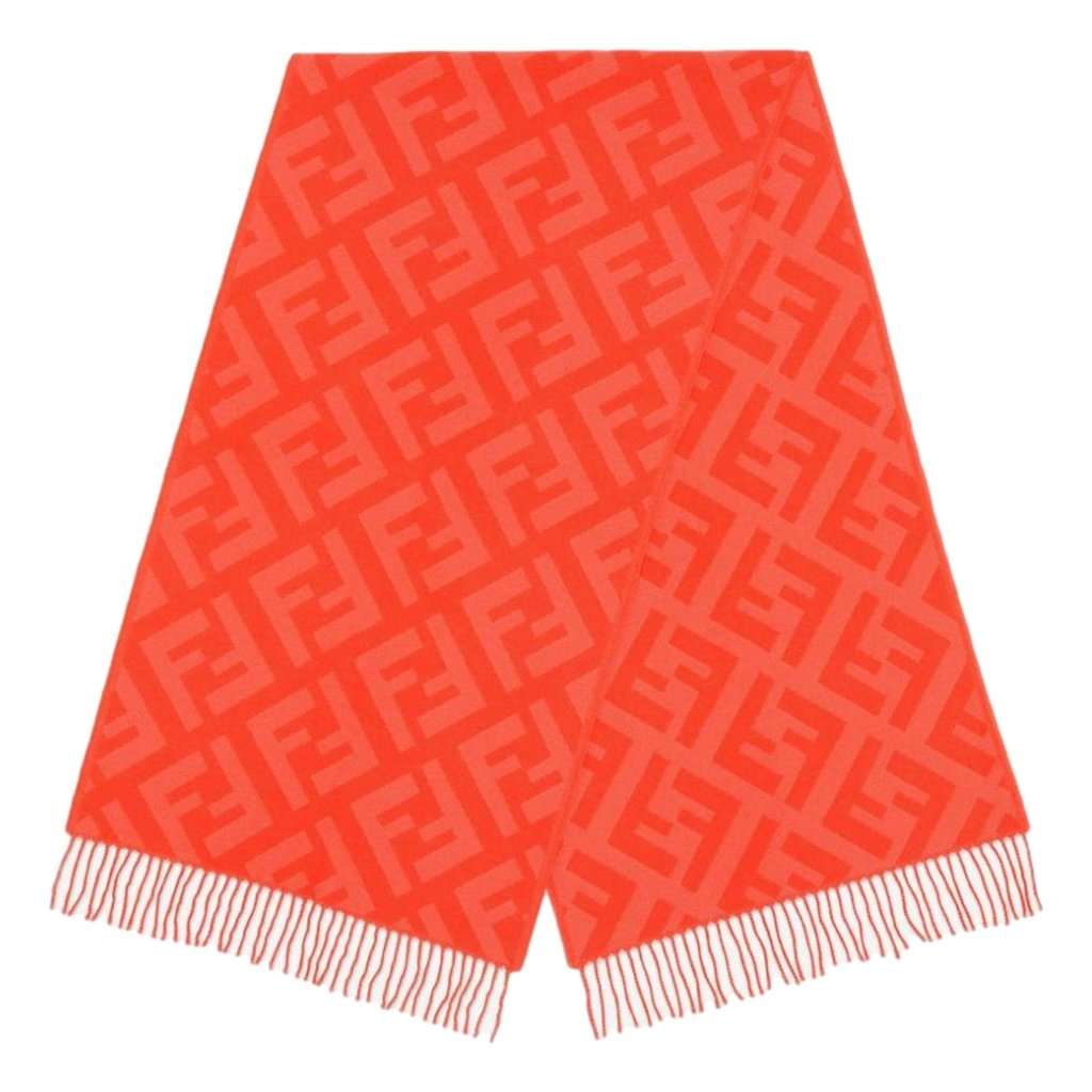 Fendi Fendi FF Print Tulip Woven Cashmere Fringe Scarf Red Wool Never worn - Back View