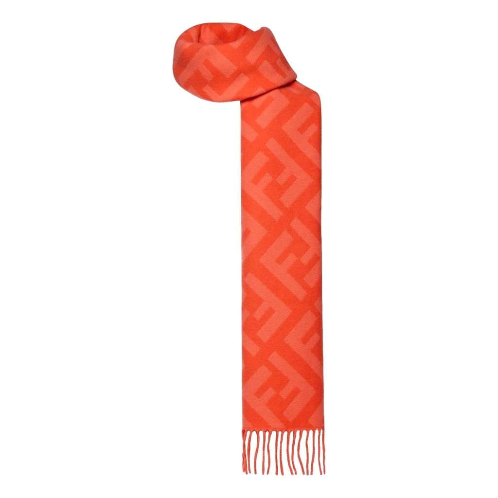 Fendi Fendi FF Print Tulip Woven Cashmere Fringe Scarf Red Wool Never worn - Inside View