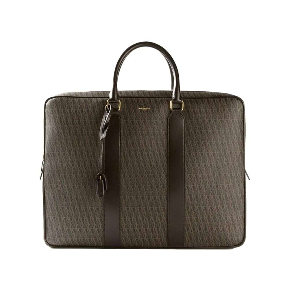 Saint Laurent Saint Laurent Monogram Large Luggage Case Bag Dark Brown Coated Canvas Black Leather Never worn - Front View