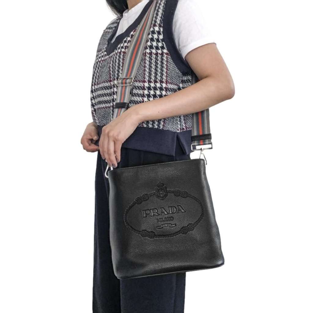 Prada Prada Vitello Phenix Black Leather Web Strap Crossbody Bucket Bag Black Leather Never worn - Back View