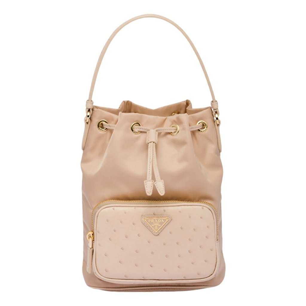 Prada Prada Duet Tessuto Nylon and Ostrich Leather Bucket Bag in Cammeo Beige Brown Leather Never worn - Front View