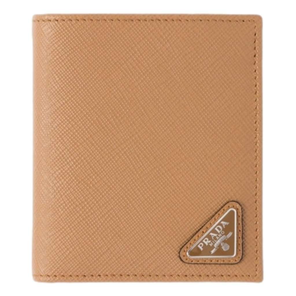 Prada Prada Caramel Saffiano Leather Silver Triangle Logo Bifold Card Holder Wallet Beige Leather Never worn - Back View