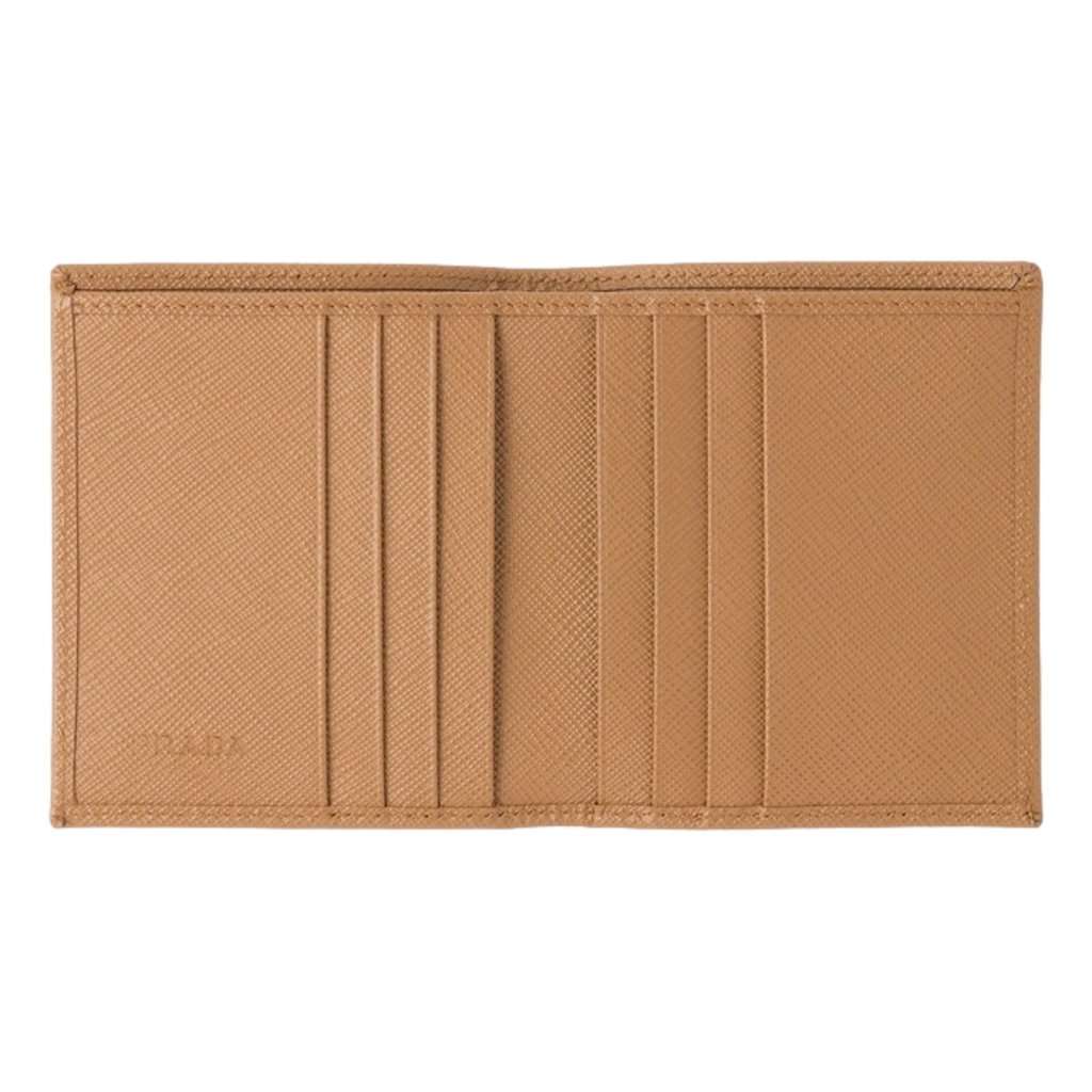 Prada Prada Caramel Saffiano Leather Silver Triangle Logo Bifold Card Holder Wallet Beige Leather Never worn - Model View