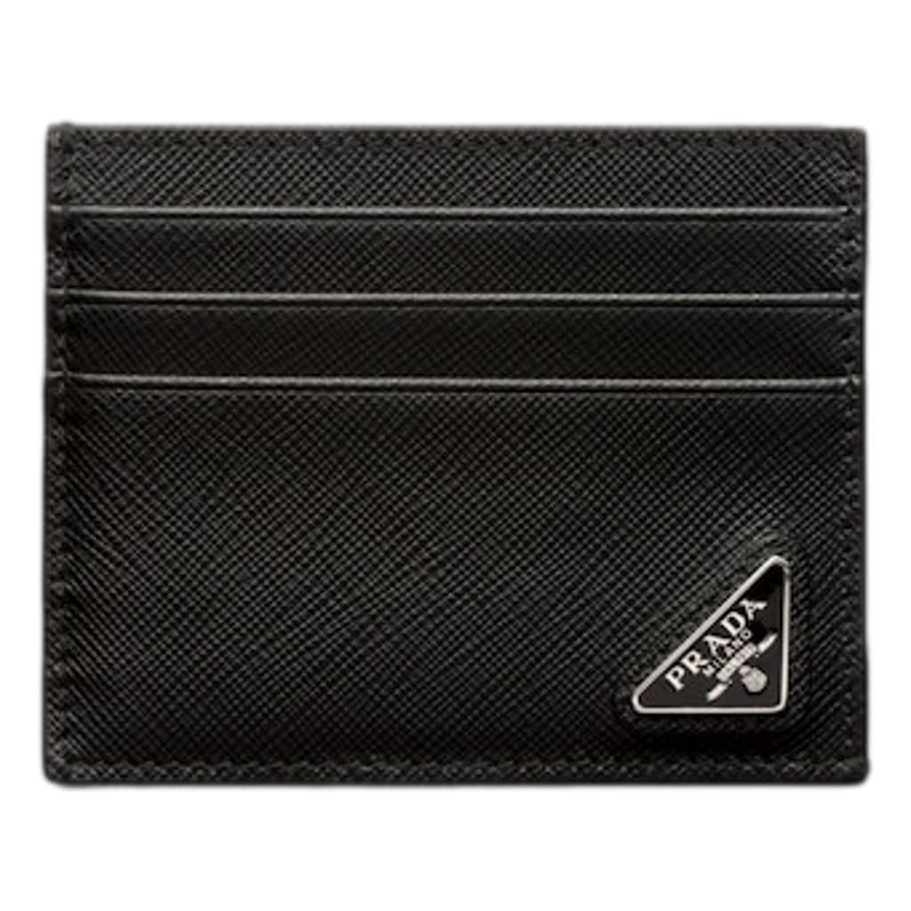 Prada Prada Saffiano Mens Credit Card Wallet Black Nero Silver Triangle Enamel Logo Black Leather Never worn - Front View