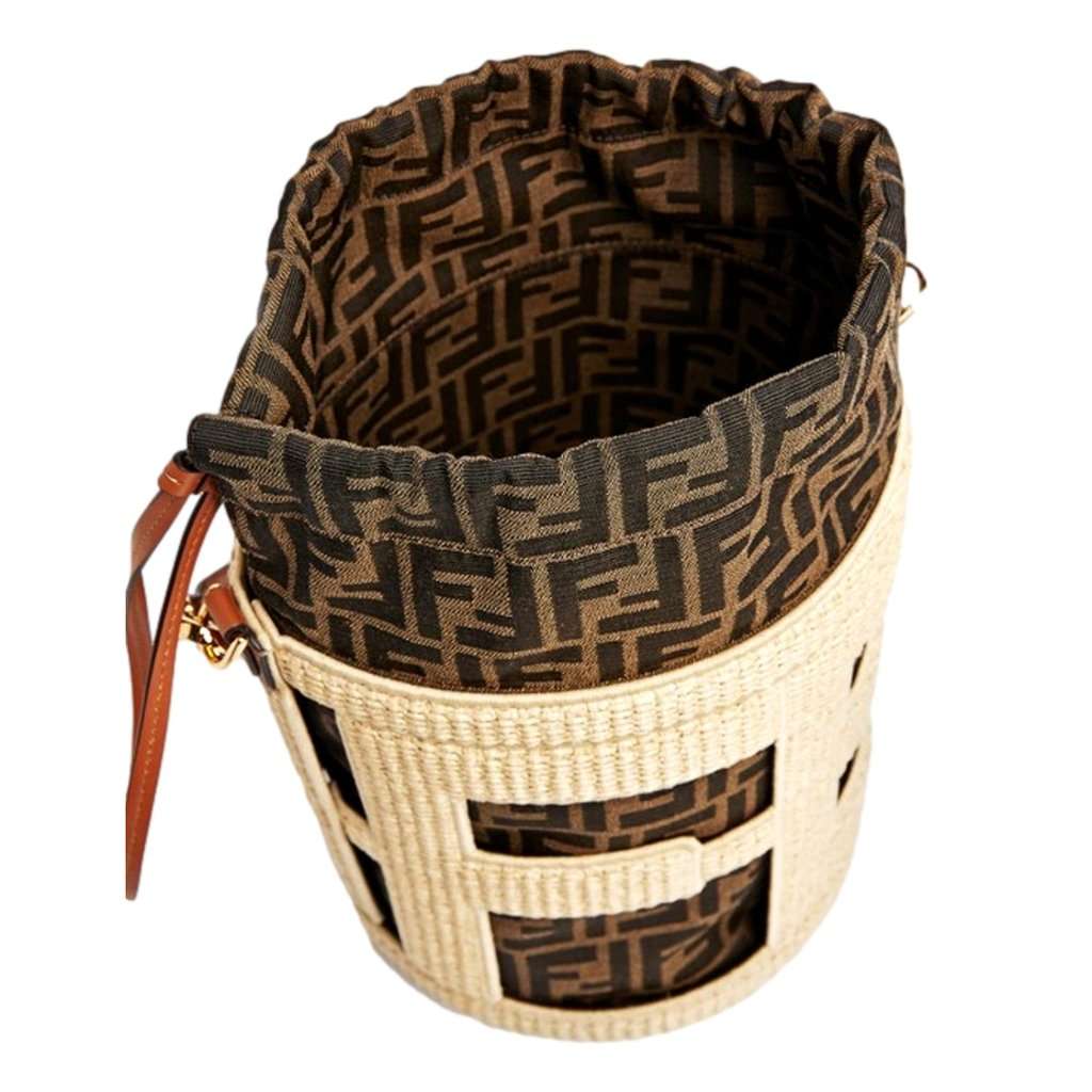 Fendi Fendi Step Out Straw and Canvas Medium Shoulder Bucket Bag Beige Canvas Never worn - Model View