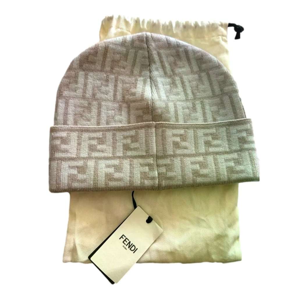 Fendi Fendi FF Logo Knit Beanie Hat Beige Wool Blend Brown Canvas Never worn - Inside View