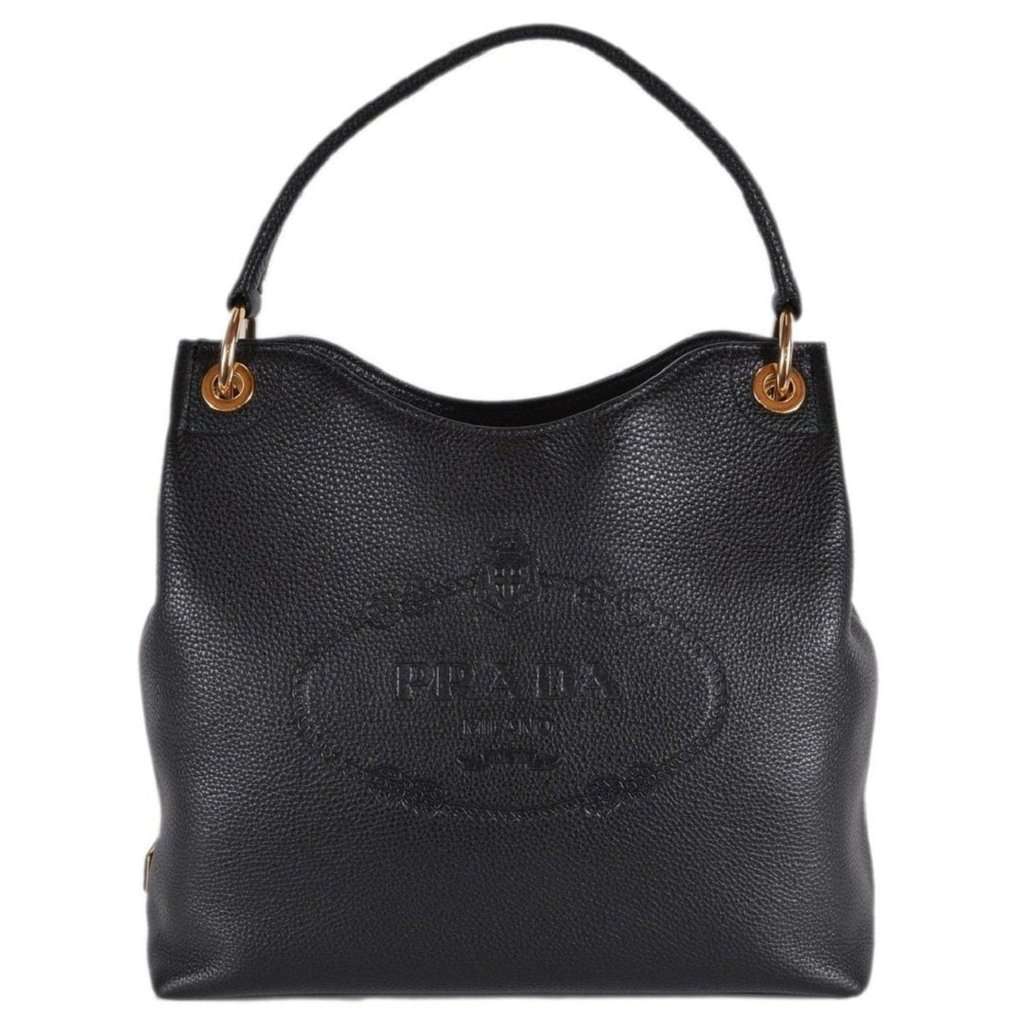 Prada Prada Vitello Phenix Black Leather Embossed Logo Hobo Tote Bag Black Leather Never worn - Front View