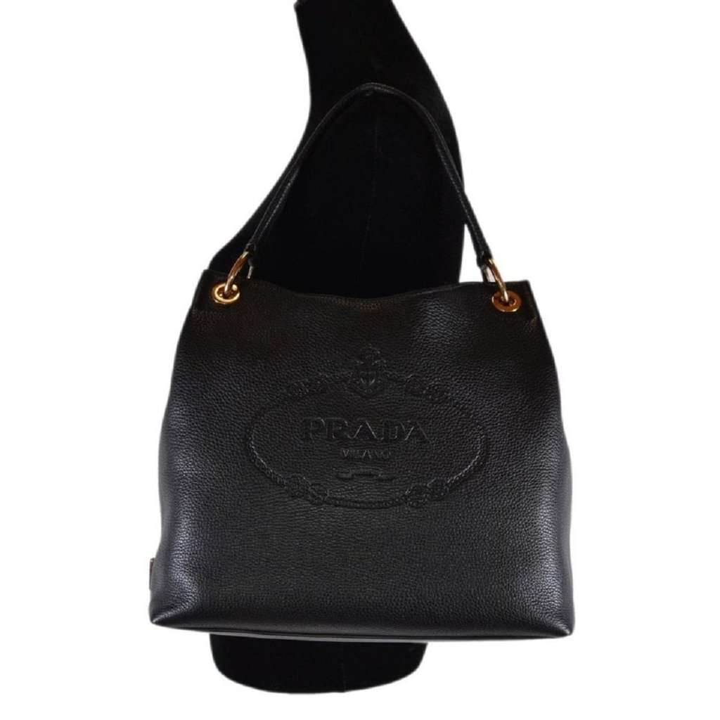 Prada Prada Vitello Phenix Black Leather Embossed Logo Hobo Tote Bag Black Leather Never worn - Model View