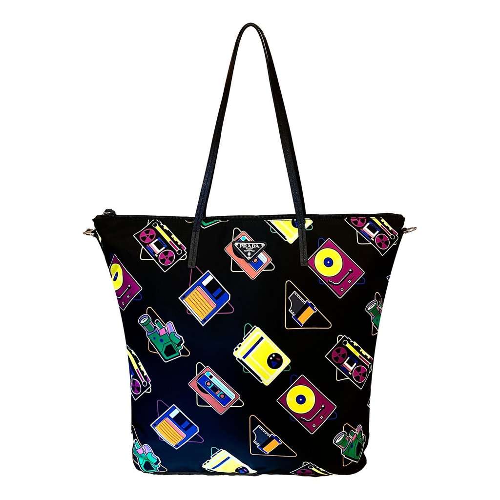 Prada Prada Cassette Print Black Nylon Convertible Shopping Tote Handbag Black Never worn - Front View