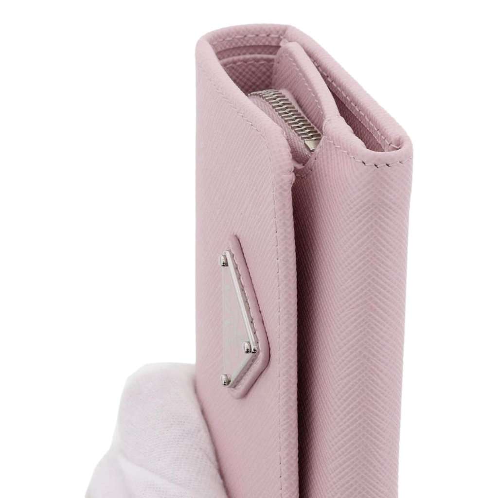 Prada Prada Saffiano Light Pink Leather Wallet Coin Zipper Trifold Triangle Logo Pink Leather Never worn - Model View