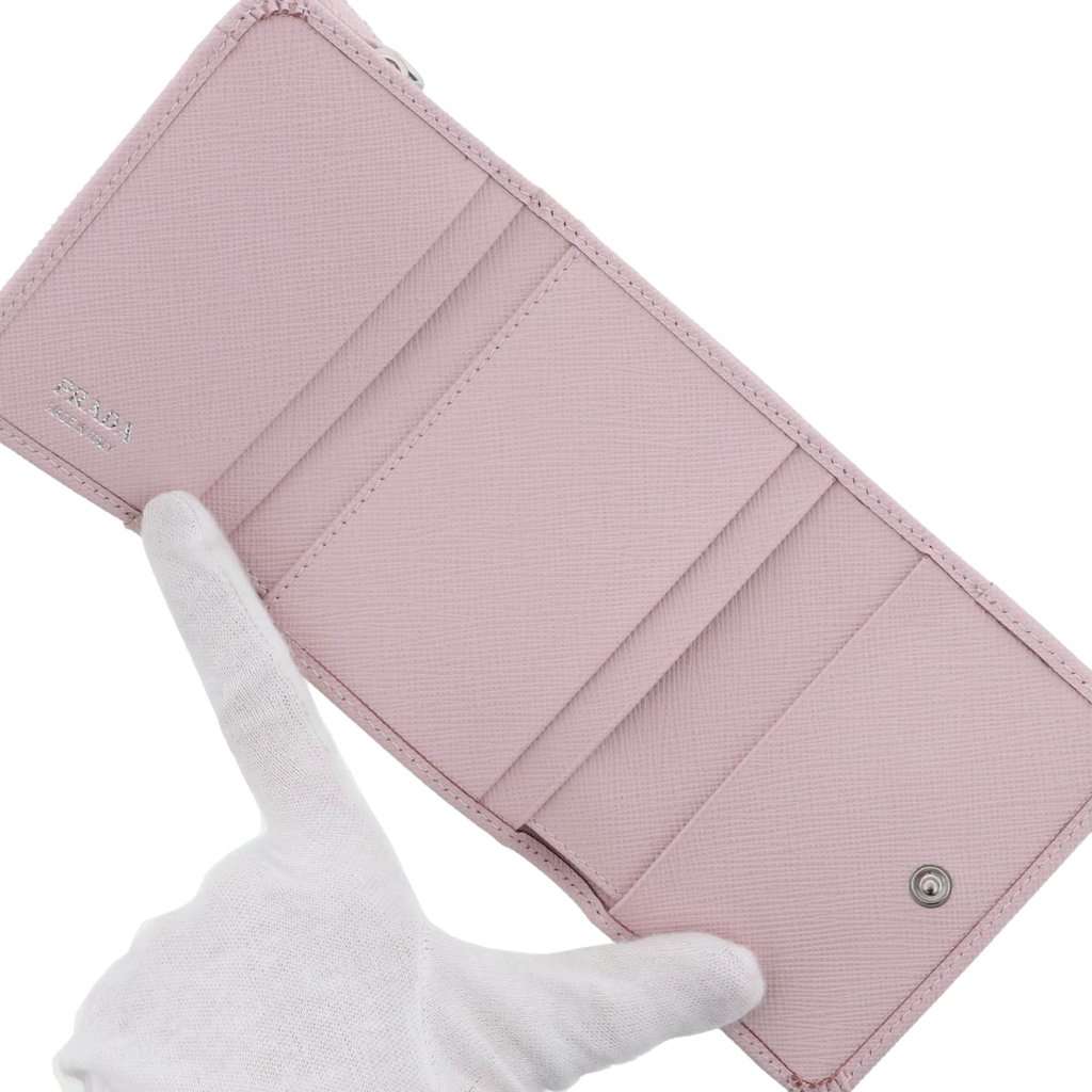 Prada Prada Saffiano Light Pink Leather Wallet Coin Zipper Trifold Triangle Logo Pink Leather Never worn - Box View