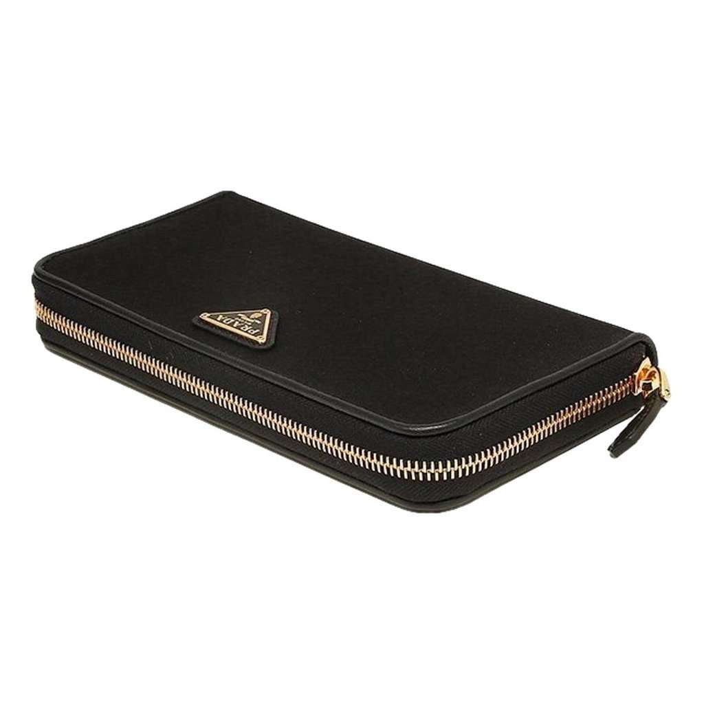 Prada Prada Black Tessuto Nylon Zip Around Wallet Gold Triangle Logo Black Leather Never worn - Model View