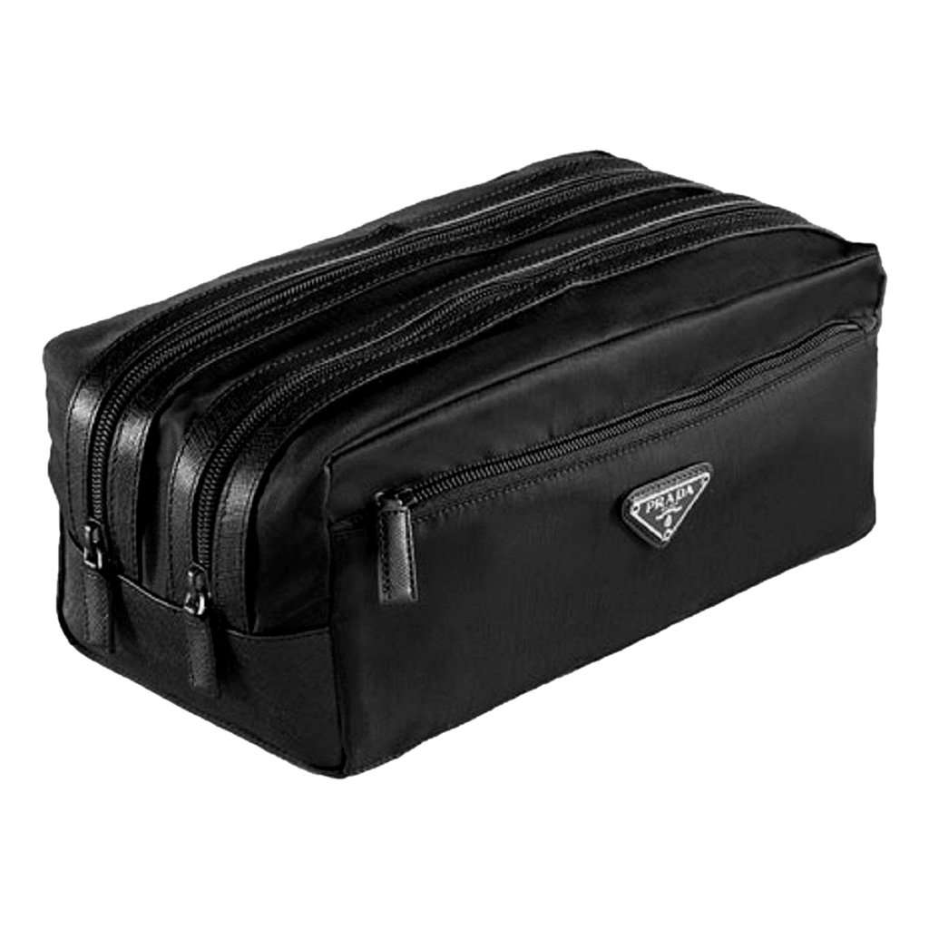Prada Prada Black Tessuto Nylon Saffiano Leather Trim Double Zip Necessaire Dopp Toiletry Bag Navy Never worn - Front View