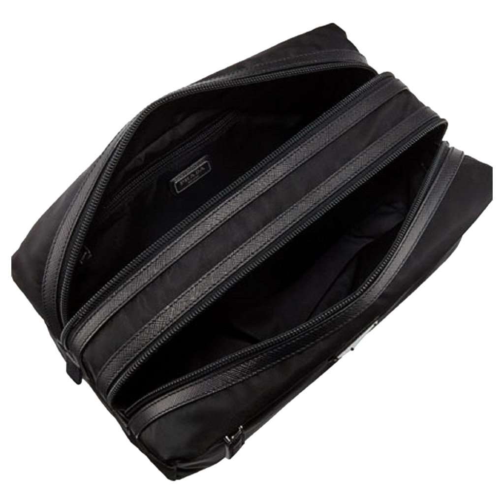 Prada Prada Black Tessuto Nylon Saffiano Leather Trim Double Zip Necessaire Dopp Toiletry Bag Navy Never worn - Inside View