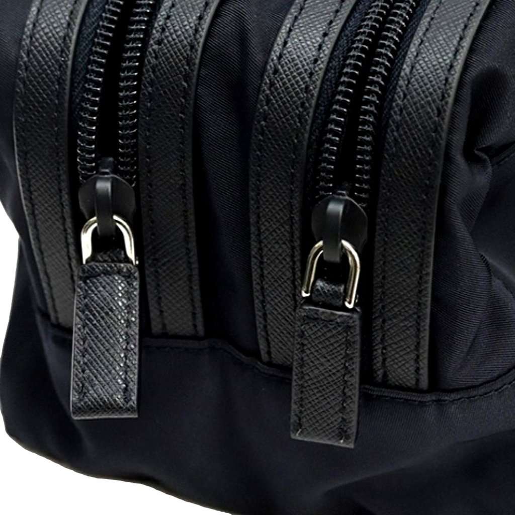 Prada Prada Black Tessuto Nylon Saffiano Leather Trim Double Zip Necessaire Dopp Toiletry Bag Navy Never worn - Model View