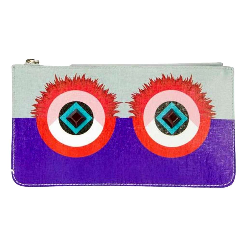 Fendi Fendi Monster Zip Pouch Clutch Cosmetic Bag Travel Purple Blue Leather Purple Leather Never worn - Front View