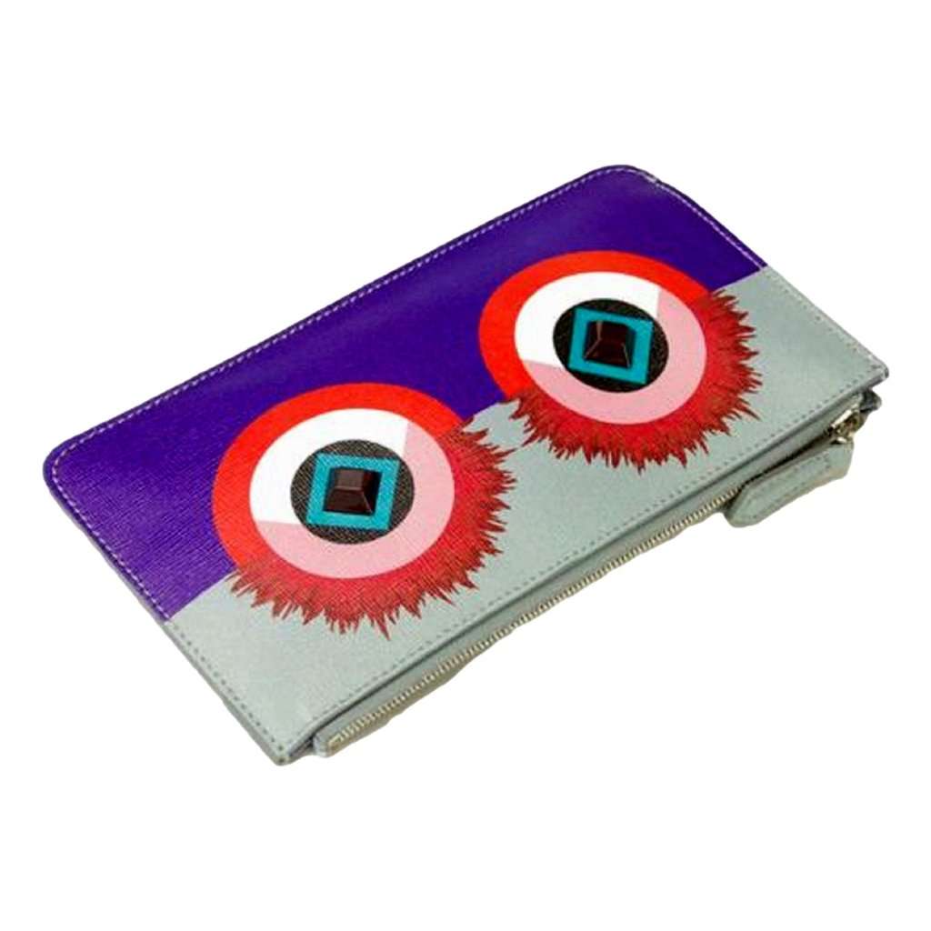 Fendi Fendi Monster Zip Pouch Clutch Cosmetic Bag Travel Purple Blue Leather Purple Leather Never worn - Back View