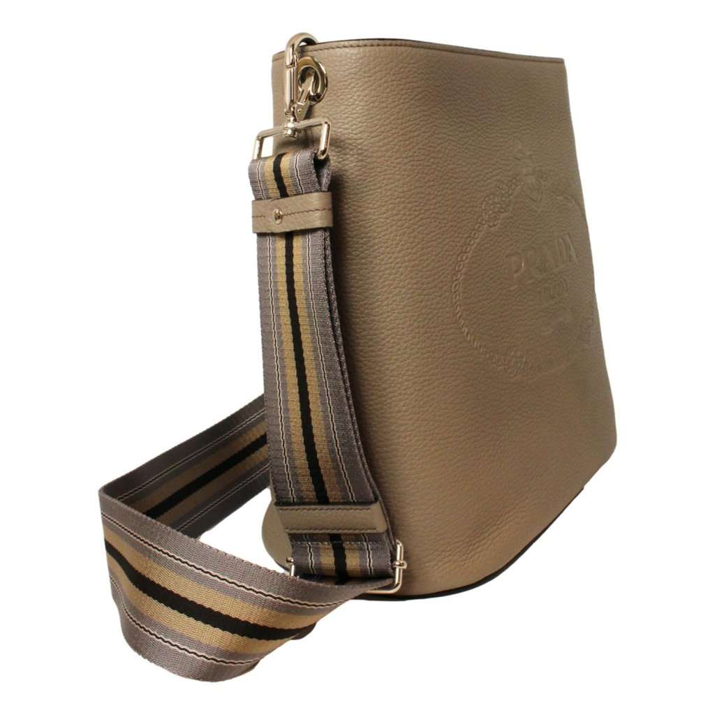 Prada Prada Vitello Phenix Grey Leather Stripe Strap Bucket Bag Crossbody Brown Leather Never worn - Inside View