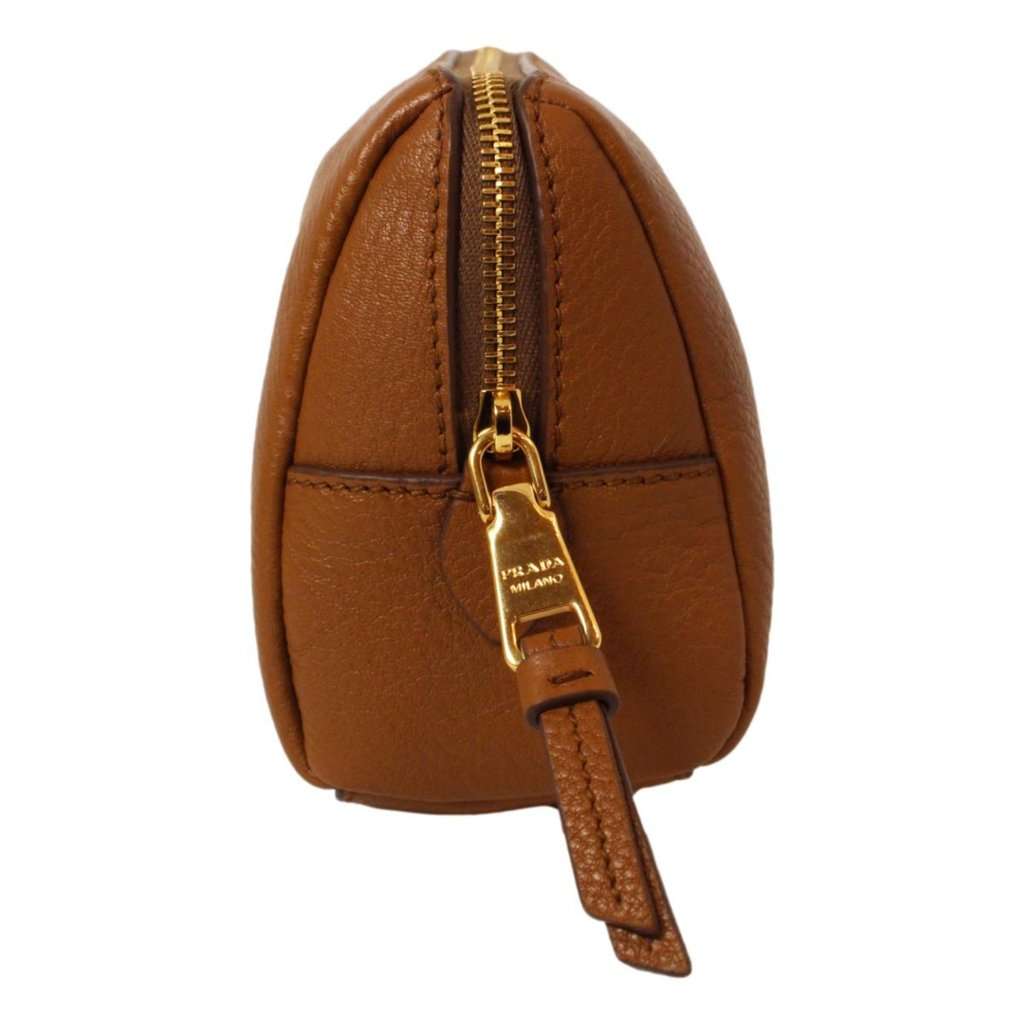 Prada Prada Vitello Daino Cannella Brown Leather Cosmetic Pouch Clutch Bag Brown Leather Never worn - Model View