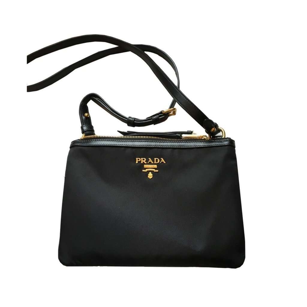 Prada Prada Logo Tessuto Nylon Soft Calf Trim Black Cross Body Bag Black Never worn - Model View