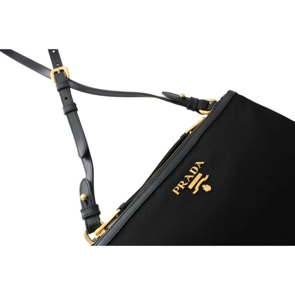 Prada Prada Logo Tessuto Nylon Soft Calf Trim Black Cross Body Bag Black Never worn - Box View