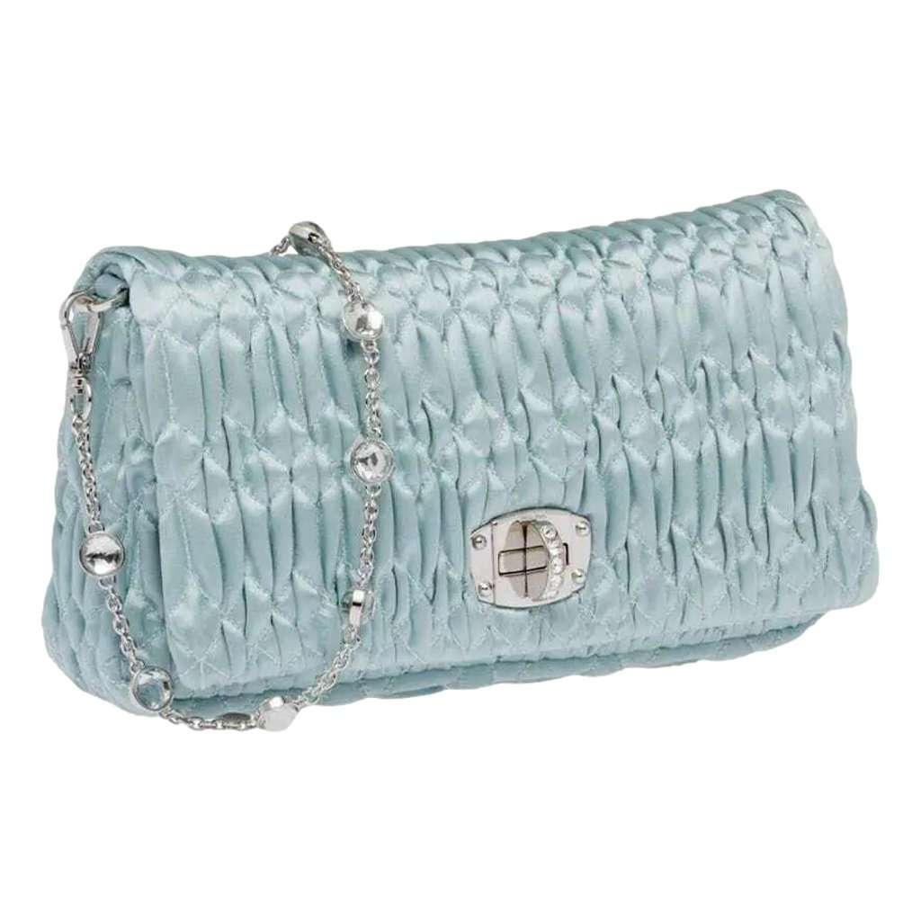 Miu Miu Miu Miu Satin Quilted Crystal Embellished Chain Crossbody Light Blue Blue Satin Never worn - Back View