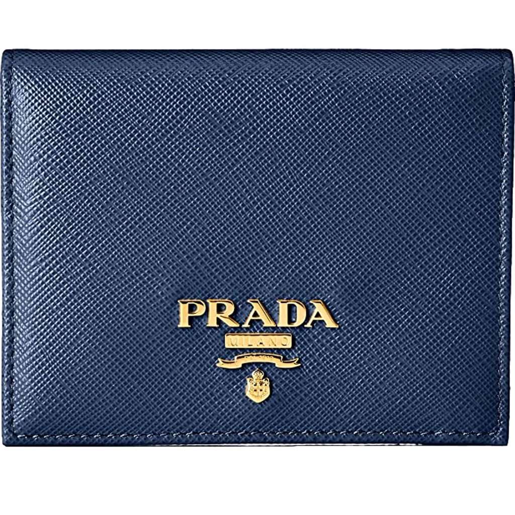 Prada Prada Saffiano Baltico Blue Leather Gold Logo Bifold Snap Wallet Gold Leather Never worn - Front View