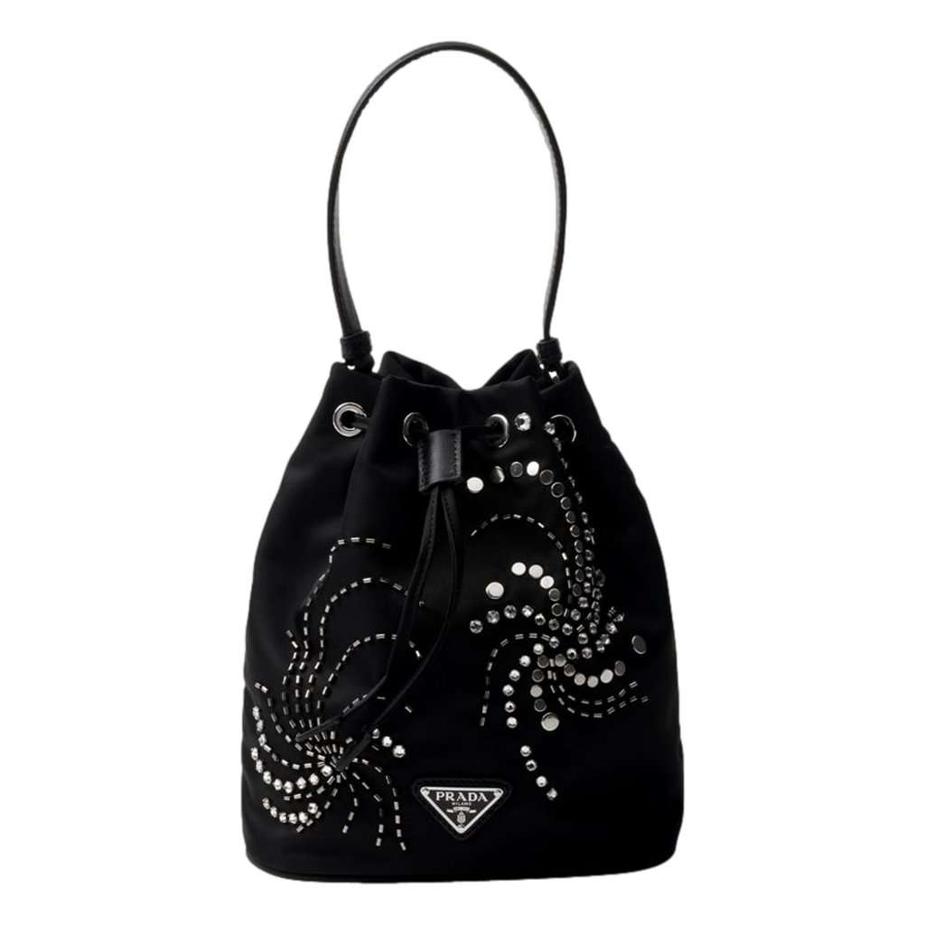 Prada Prada Re-Nylon Mini Drawstring Bucket Bag Black Beaded Embroidered Black Never worn - Front View
