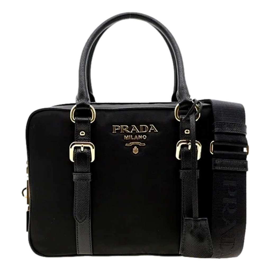 Prada Prada Bauletto Tessuto Nylon Saffiano Black Satchel Bag Gold Lock Black Never worn - Front View