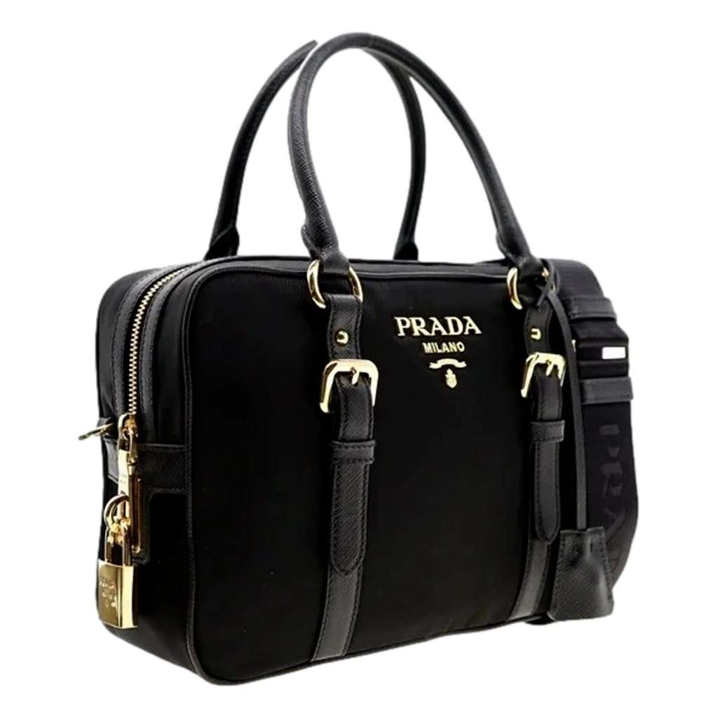 Prada Prada Bauletto Tessuto Nylon Saffiano Black Satchel Bag Gold Lock Black Never worn - Back View