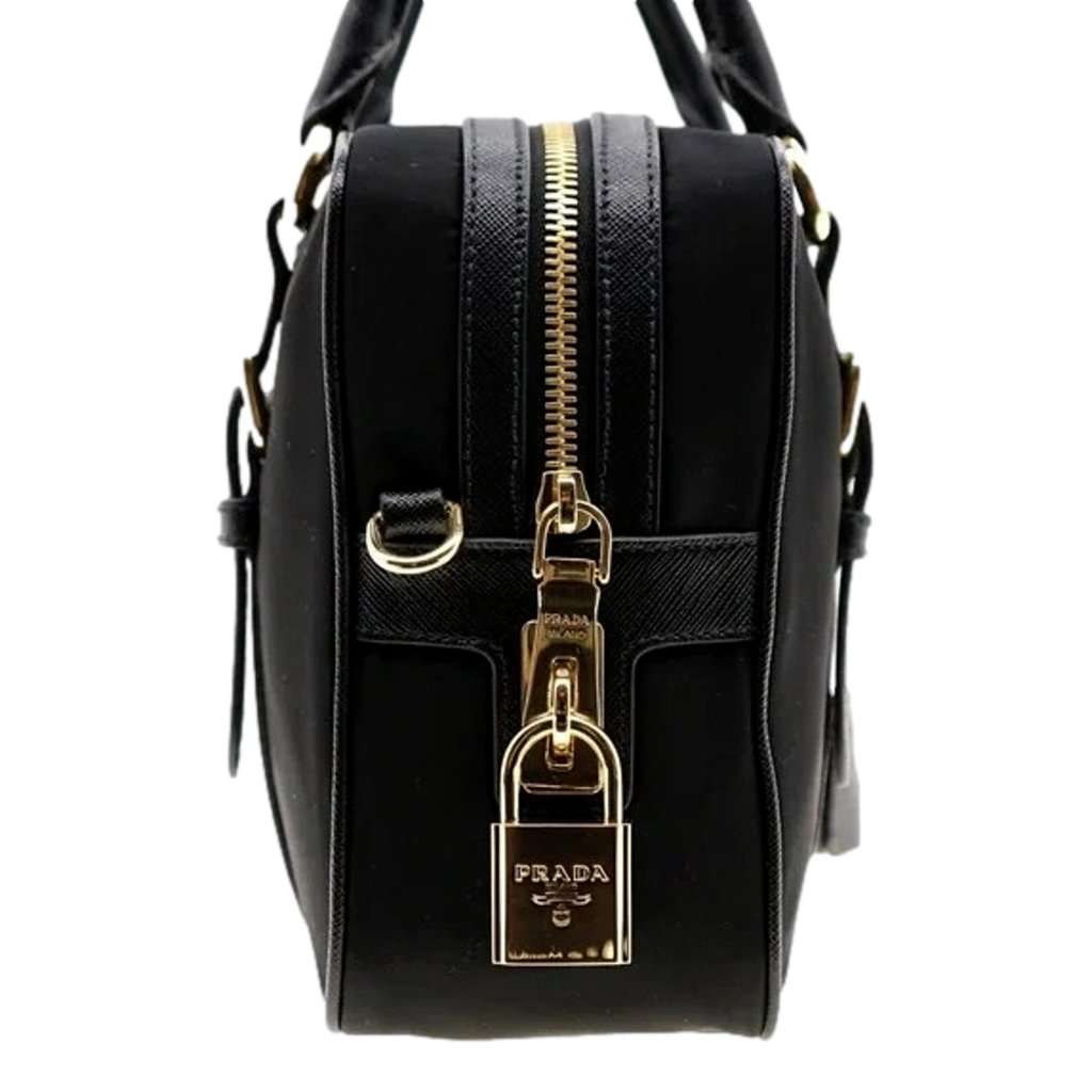 Prada Prada Bauletto Tessuto Nylon Saffiano Black Satchel Bag Gold Lock Black Never worn - Model View