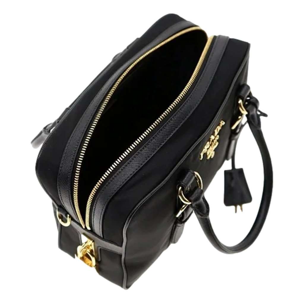 Prada Prada Bauletto Tessuto Nylon Saffiano Black Satchel Bag Gold Lock Black Never worn - Box View