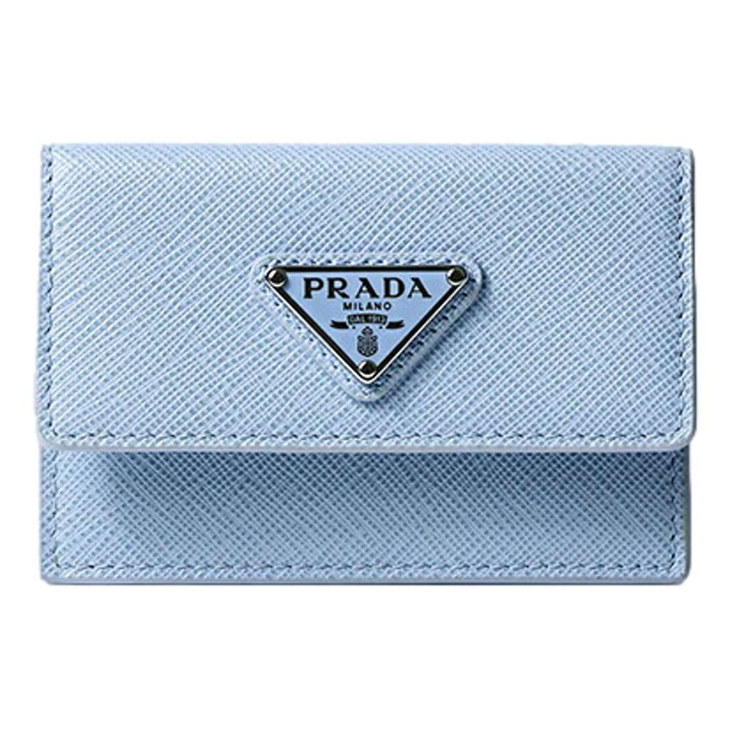 Prada Prada Saffiano Celeste Blue Leather Small Snap Card Holder Wallet Triangle Logo Blue Leather Never worn - Front View
