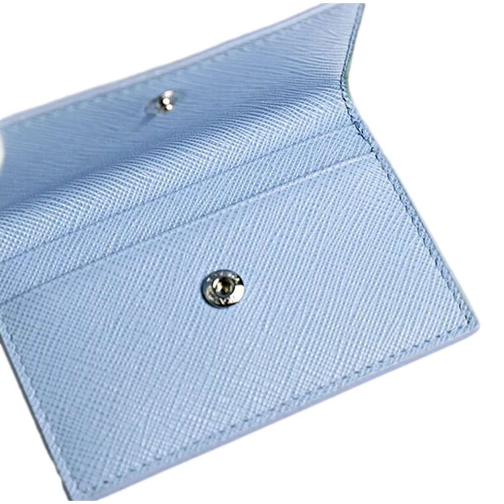 Prada Prada Saffiano Celeste Blue Leather Small Snap Card Holder Wallet Triangle Logo Blue Leather Never worn - Model View