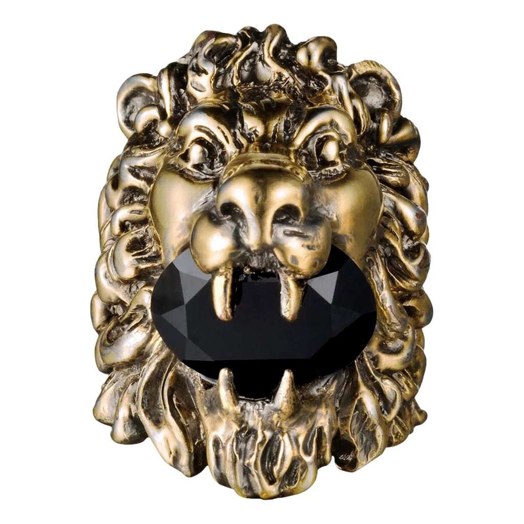Gucci Gucci Lion Head King Ring With Crystal Aged Gold and Black 13 Yellow Never worn - Front View