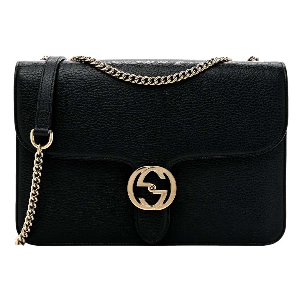 Gucci Gucci GG Marmont Crossbody Bag Black Pebbled Leather Gold Chain Interlocking GG Black Leather Never worn - Front View