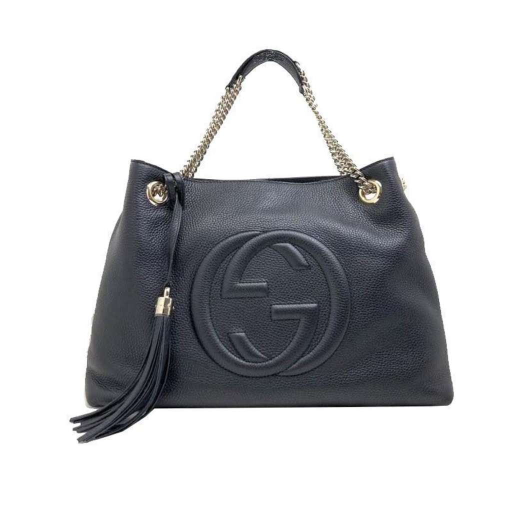 Gucci Gucci GG Pebbled Calfskin Medium Soho Gold Chain Shoulder Bag Black Black Leather Never worn - Front View