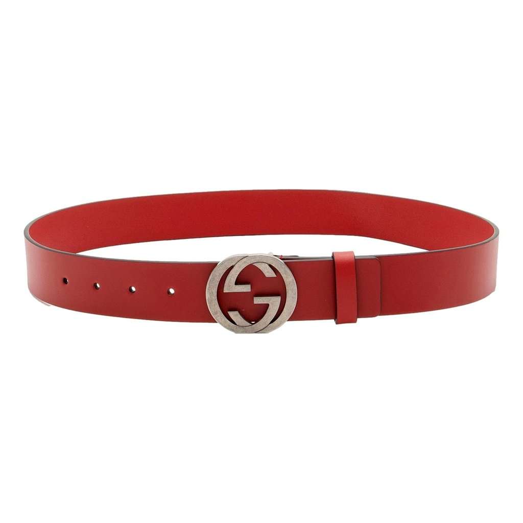 Gucci Gucci Interlocking Leather GG Buckle Antiqued Silver Tone Belt Rosso Red 85/34 Red Leather Never worn - Front View