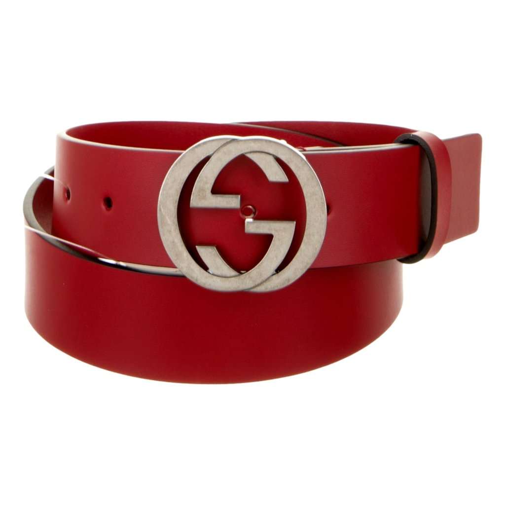 Gucci Gucci Interlocking Leather GG Buckle Antiqued Silver Tone Belt Rosso Red 85/34 Red Leather Never worn - Back View