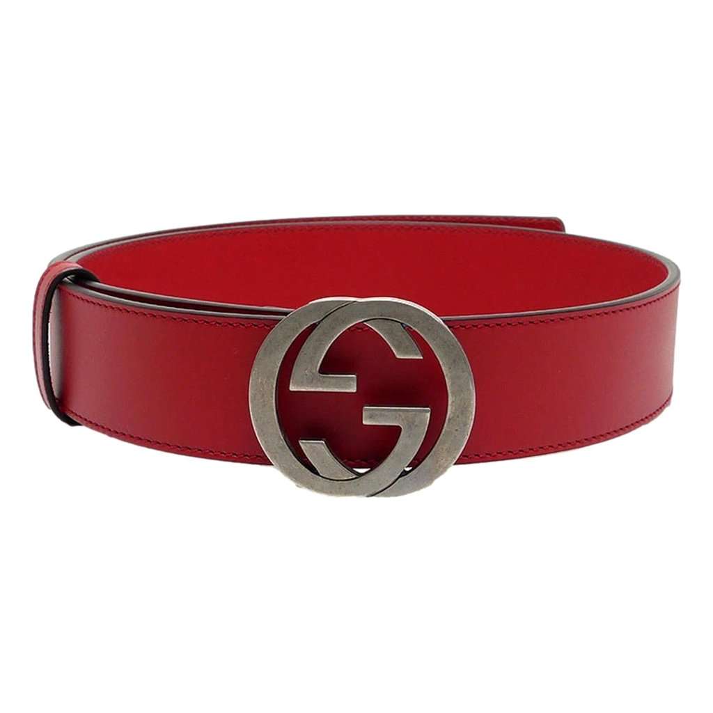 Gucci Gucci Interlocking Leather GG Buckle Antiqued Silver Tone Belt Rosso Red 85/34 Red Leather Never worn - Inside View