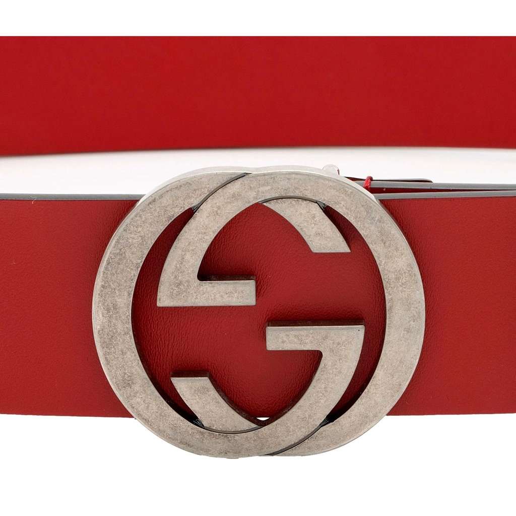 Gucci Gucci Interlocking Leather GG Buckle Antiqued Silver Tone Belt Rosso Red 95/38 Red Leather Never worn - Model View