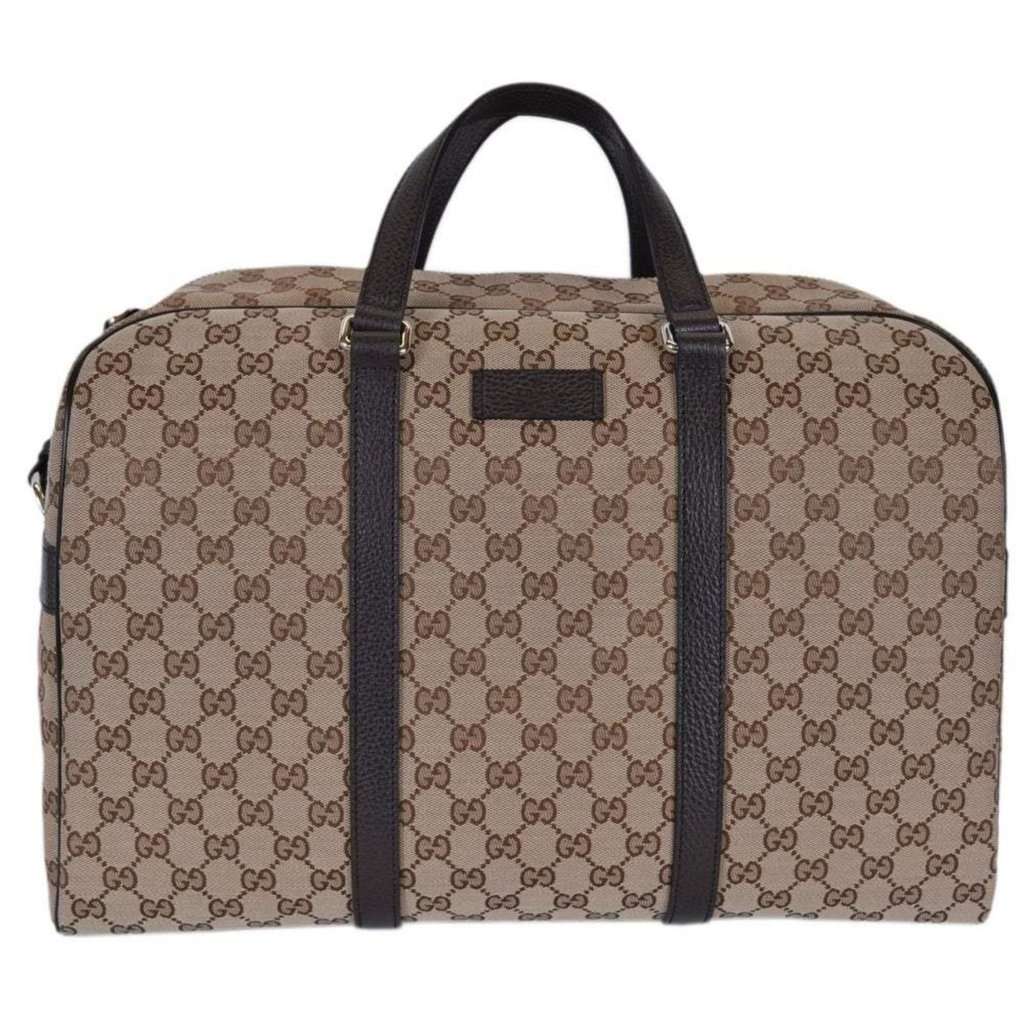 Gucci Gucci Large GG Logo Beige Canvas Brown Leather Strap Duffle Bag Brown Canvas Never worn - Front View