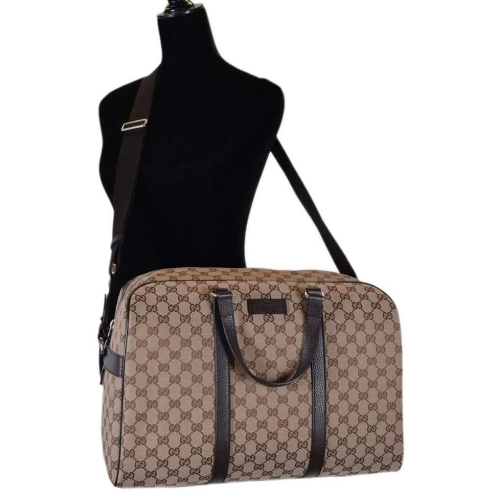 Gucci Gucci Large GG Logo Beige Canvas Brown Leather Strap Duffle Bag Brown Canvas Never worn - Back View