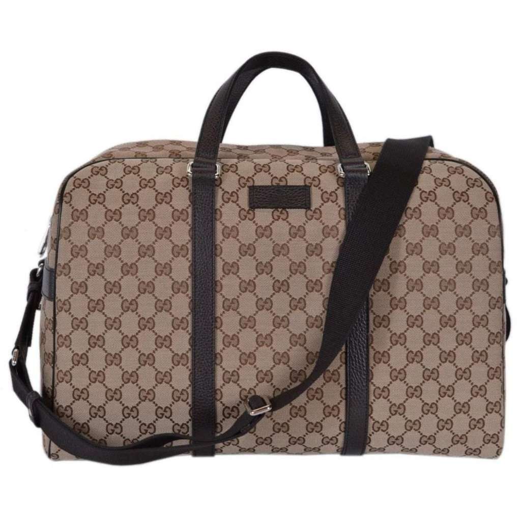 Gucci Gucci Large GG Logo Beige Canvas Brown Leather Strap Duffle Bag Brown Canvas Never worn - Inside View