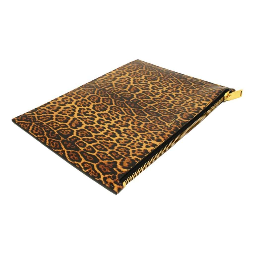 Saint Laurent Saint Laurent Leopard Printed Calfskin Leather Medium Pouch Brown Leather Never worn - Model View