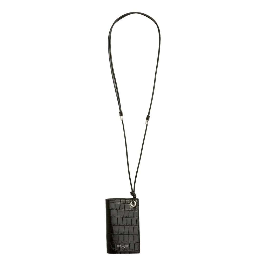 Saint Laurent Saint Laurent Croc Embossed Black Lanyard Card Case Wallet Black Leather Never worn - Front View