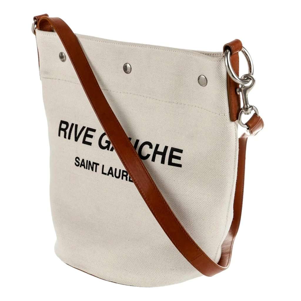 Saint Laurent Saint Laurent Rive Gauche Brown Leather Trim Linen Bucket Bag Brown Canvas Never worn - Inside View