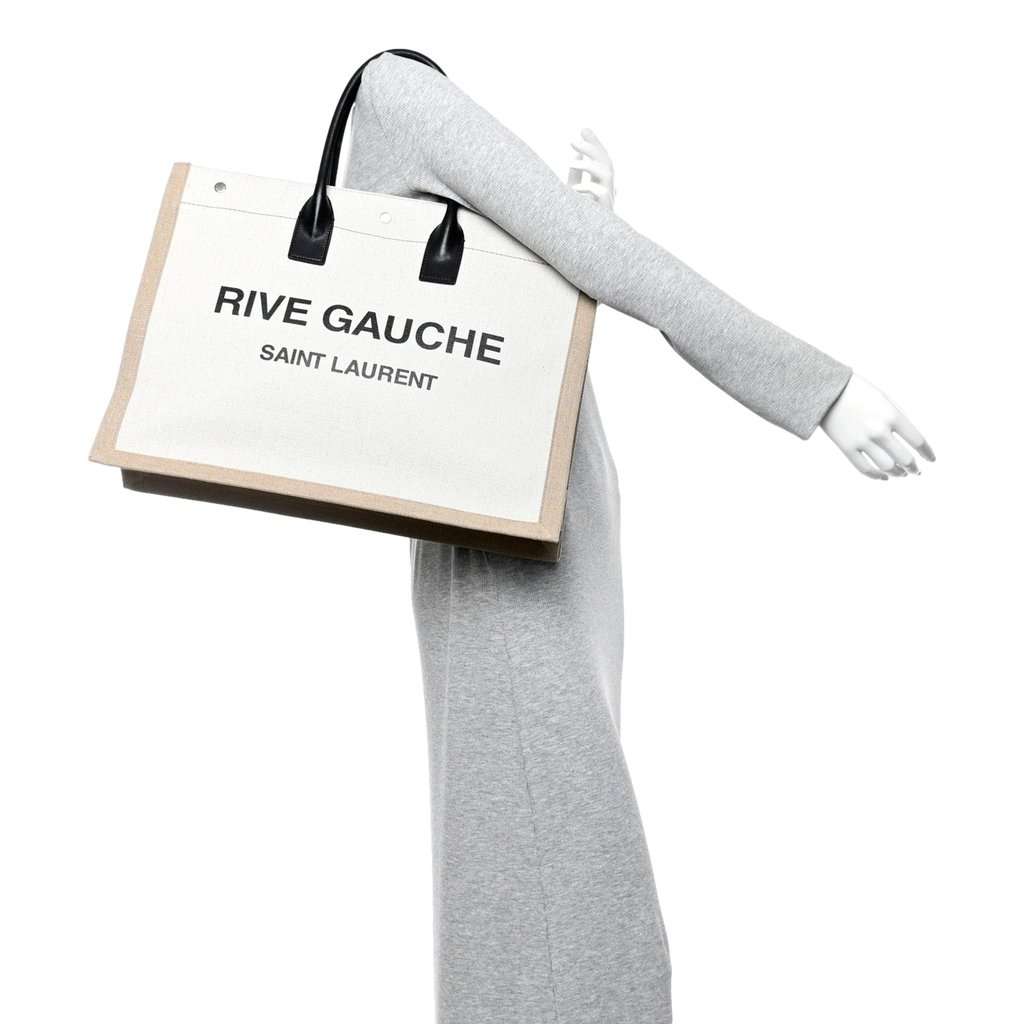 Saint Laurent Saint Laurent Rive Gauche Large Tote in Natural Beige Canvas with Black Top Handles Brown Leather Never worn - Box View